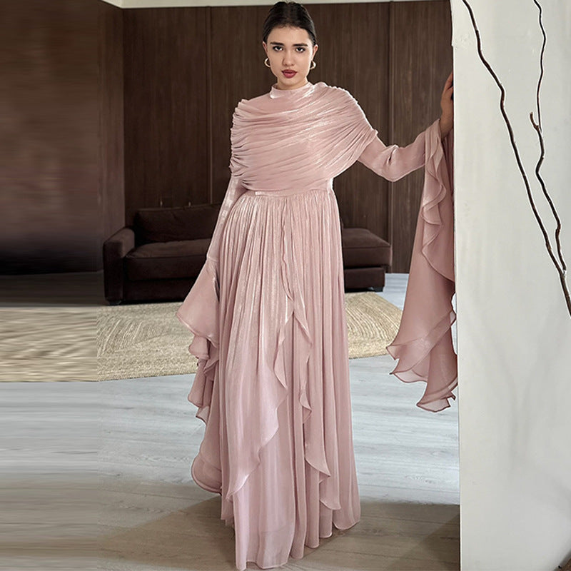 Ruffle Elegant Pleated Maxi Dress Pink / XS Ruffle Elegant Pleated Maxi Dress Pink / XS