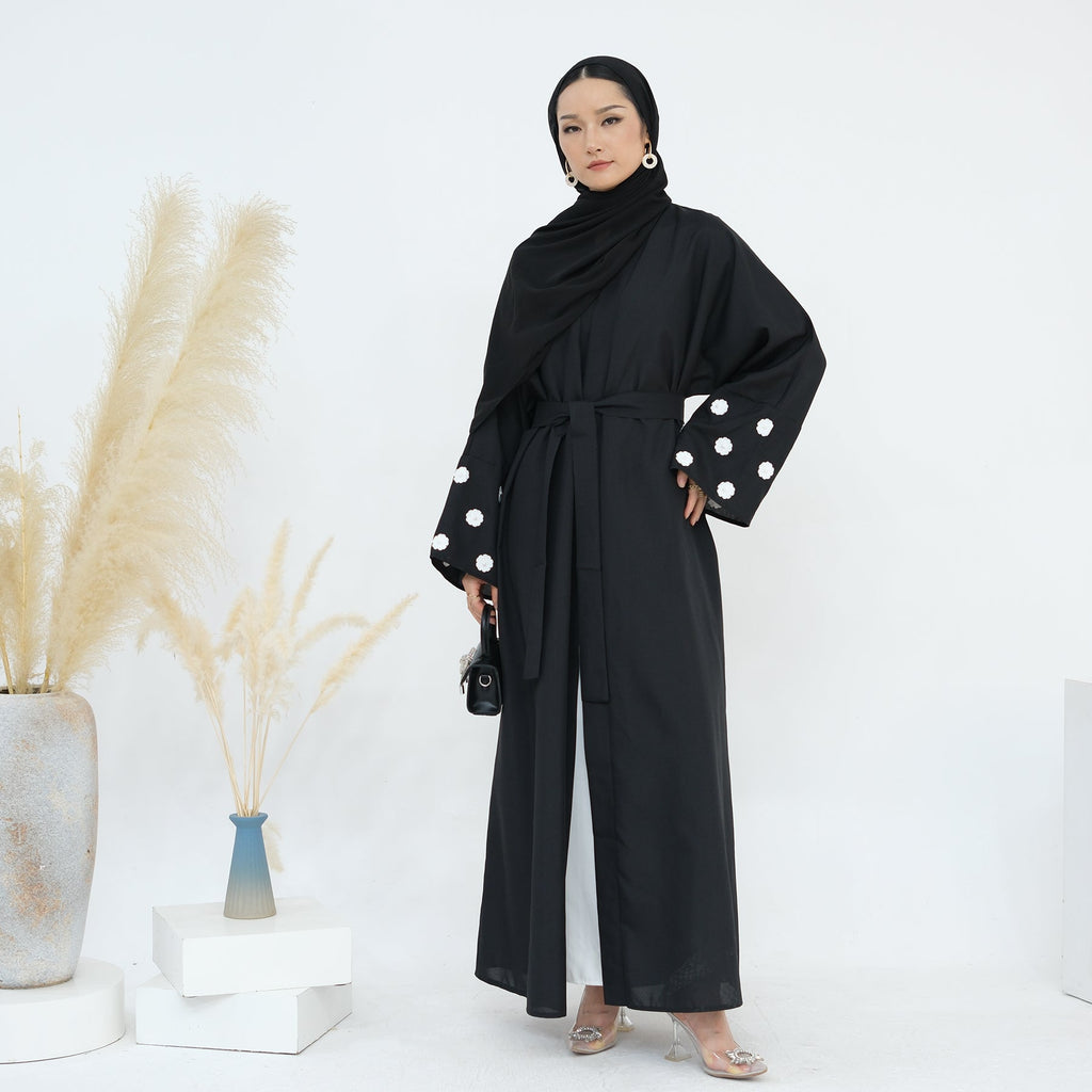 Floral Embroidery Linen Open Abaya