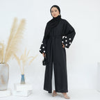 Floral Embroidery Linen Open Abaya