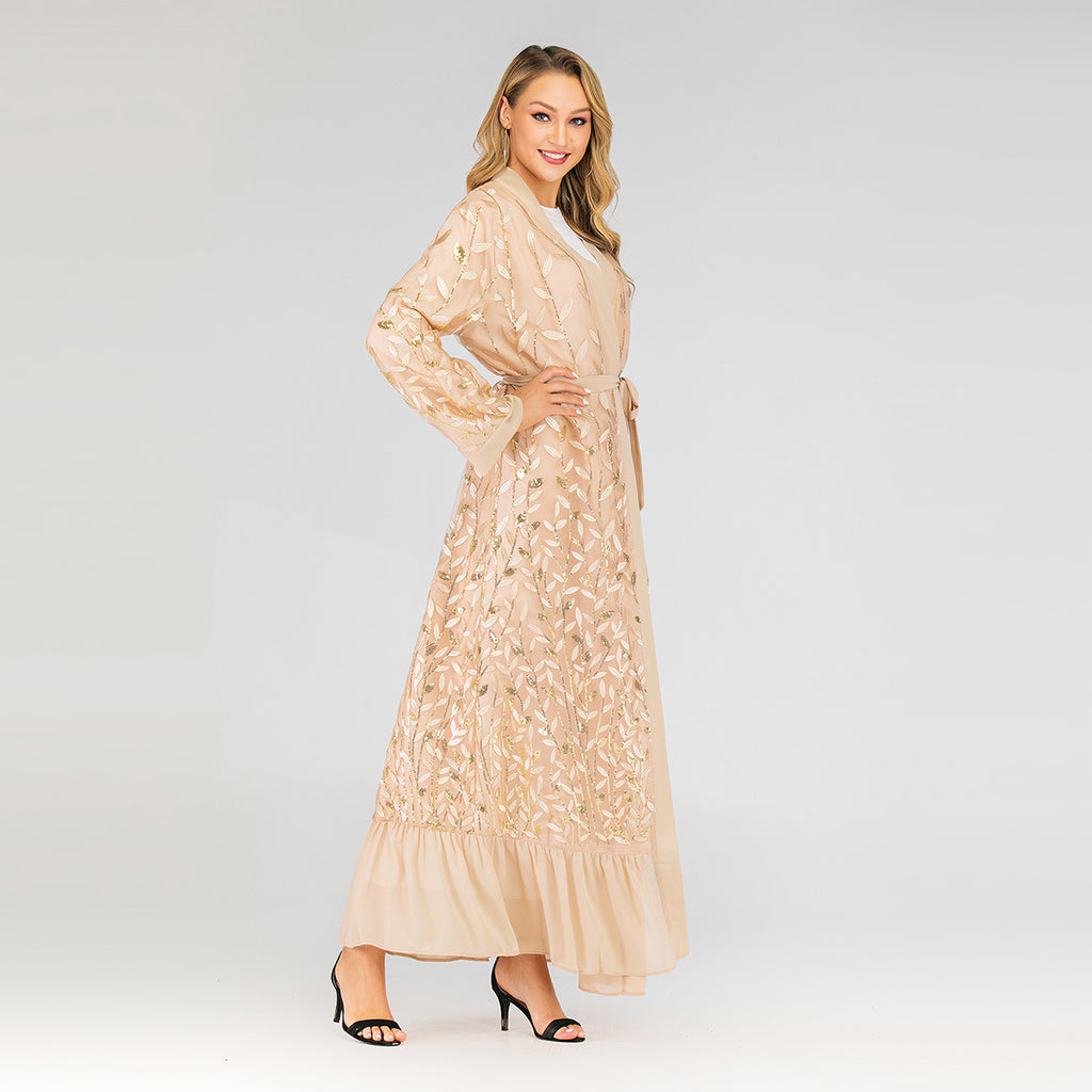 عباية مفتوحة مزينة بأوراق الشجر من الدانتيل والترتر