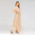 عباية مفتوحة مزينة بأوراق الشجر من الدانتيل والترتر