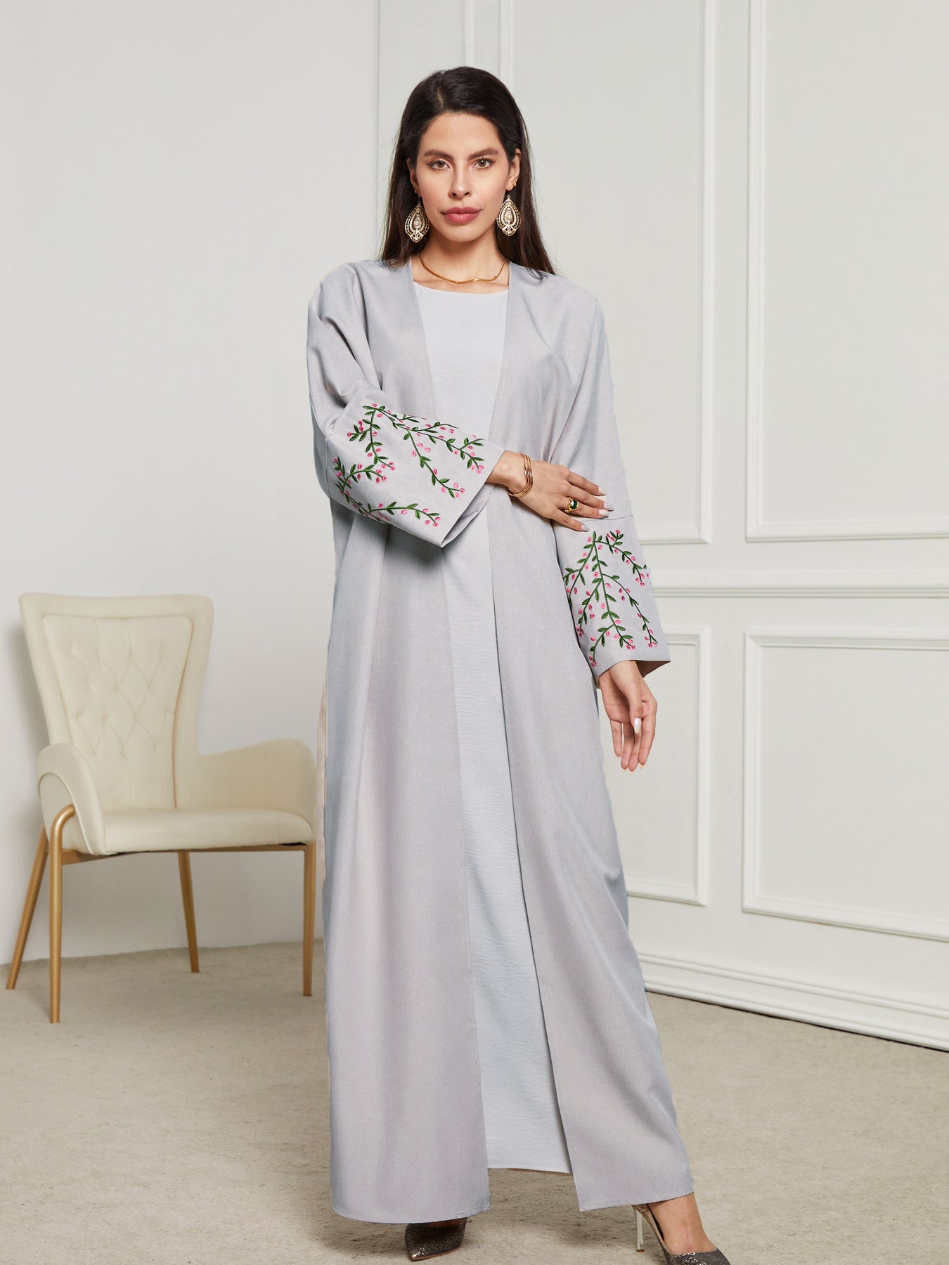 Embroidery Casual Open Kimono Abaya Moroccan