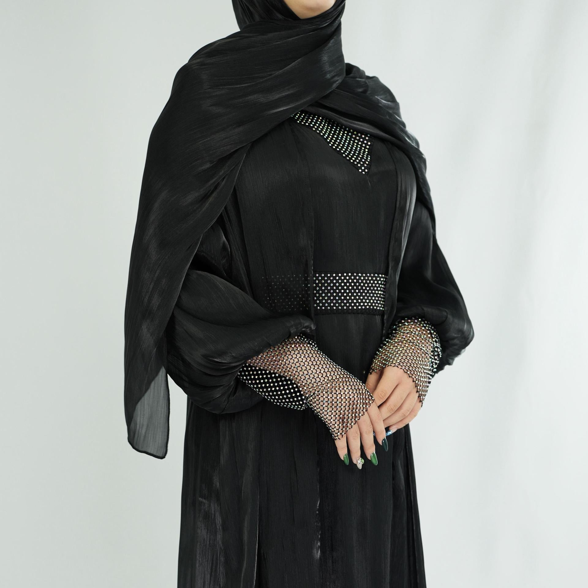 Mesh V-neck Chiffon Abaya Set