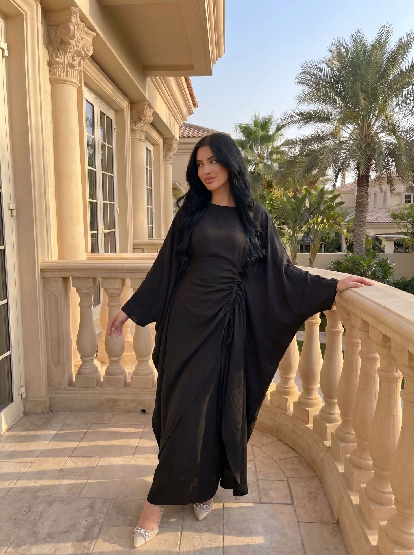 Batwing Sleeve Ruched Kaftan Dress