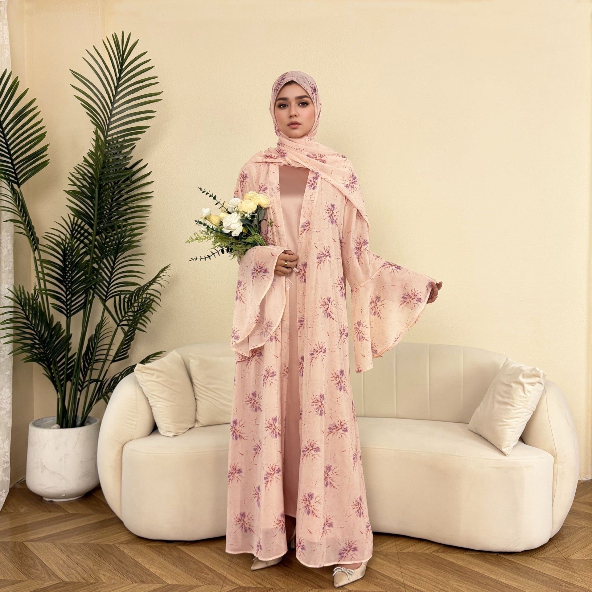 Elegant Flower Chiffon Open Abaya