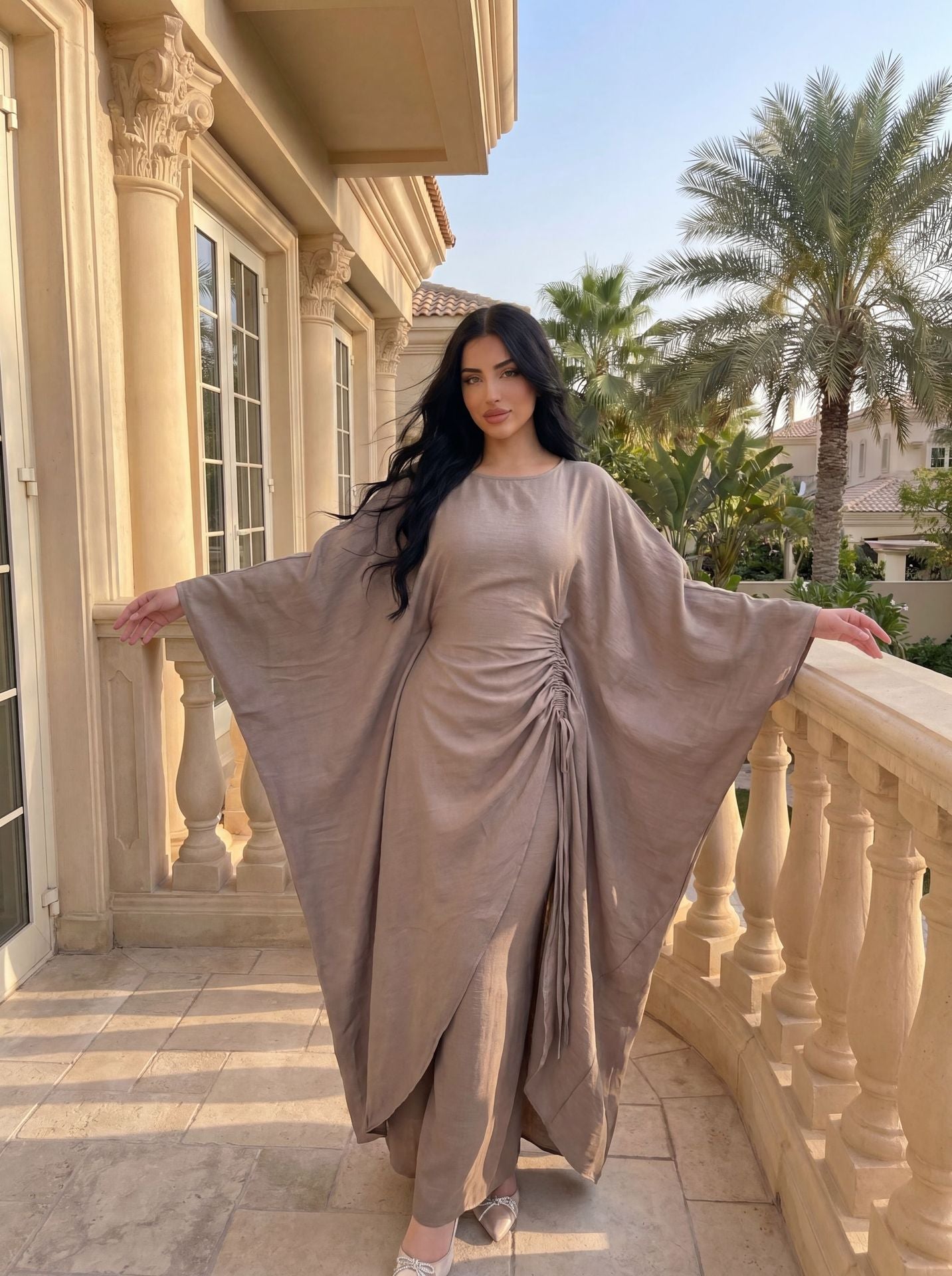 Batwing Sleeve Ruched Kaftan Dress