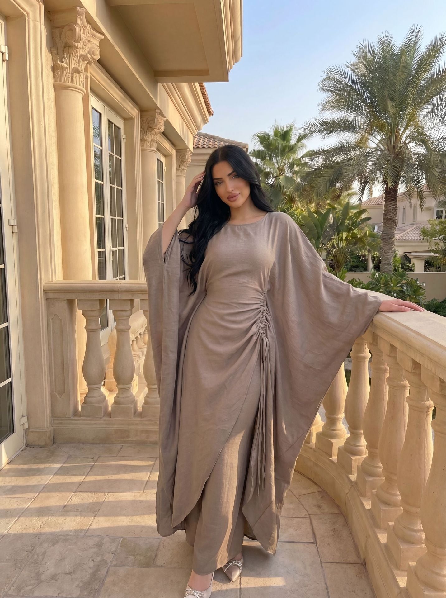 Batwing Sleeve Ruched Kaftan Dress