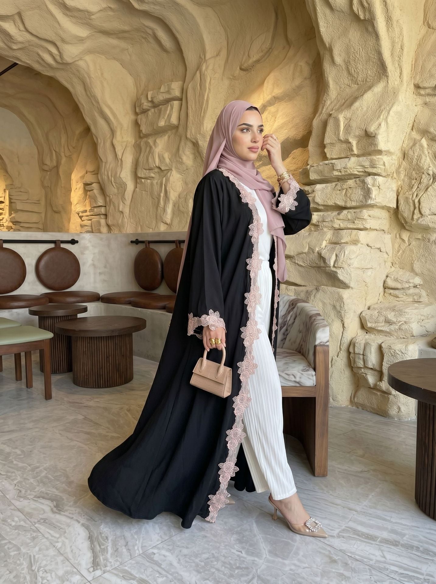 Luxury Floral Lace Open Front Abaya