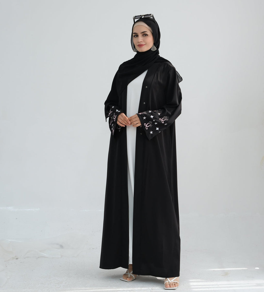 Bow Embroidery Kimono Open Abaya with Hijab