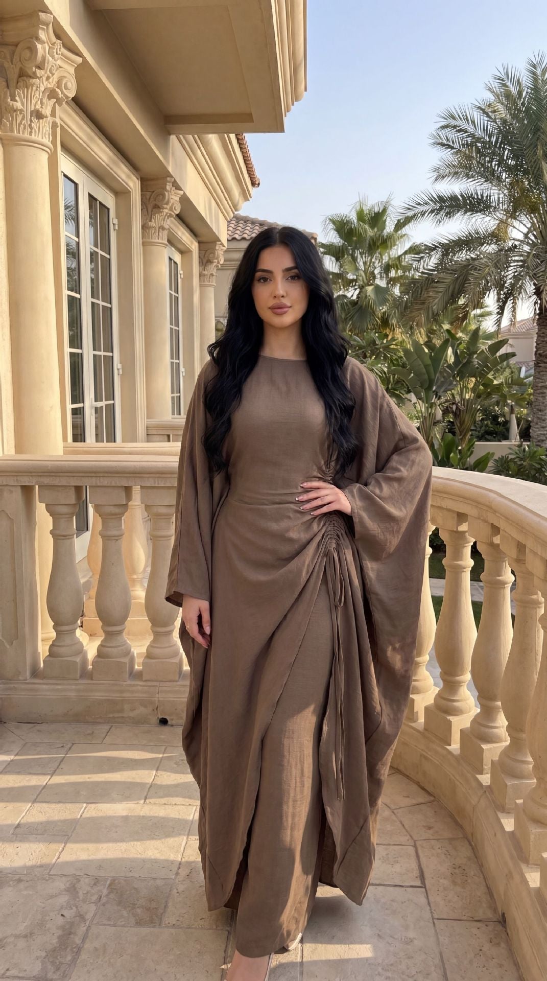 Batwing Sleeve Ruched Kaftan Dress