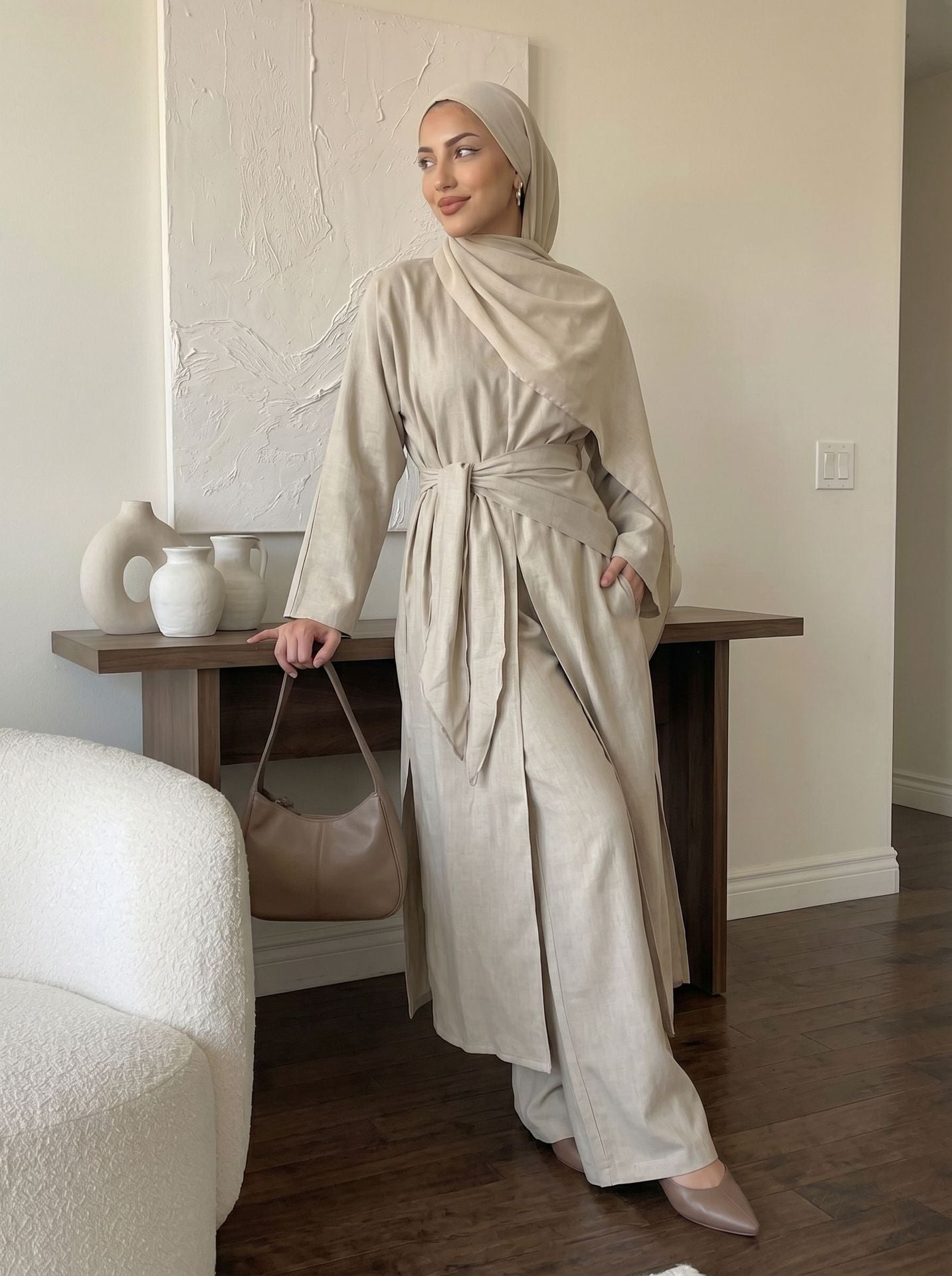 Elegant Linen Blend Kimono Abaya
