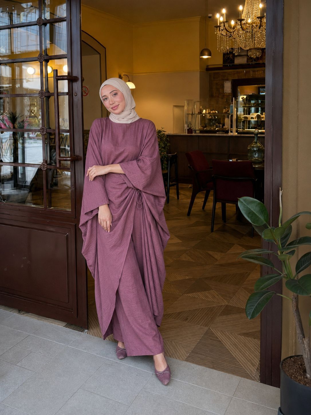 Batwing Sleeve Ruched Kaftan Dress