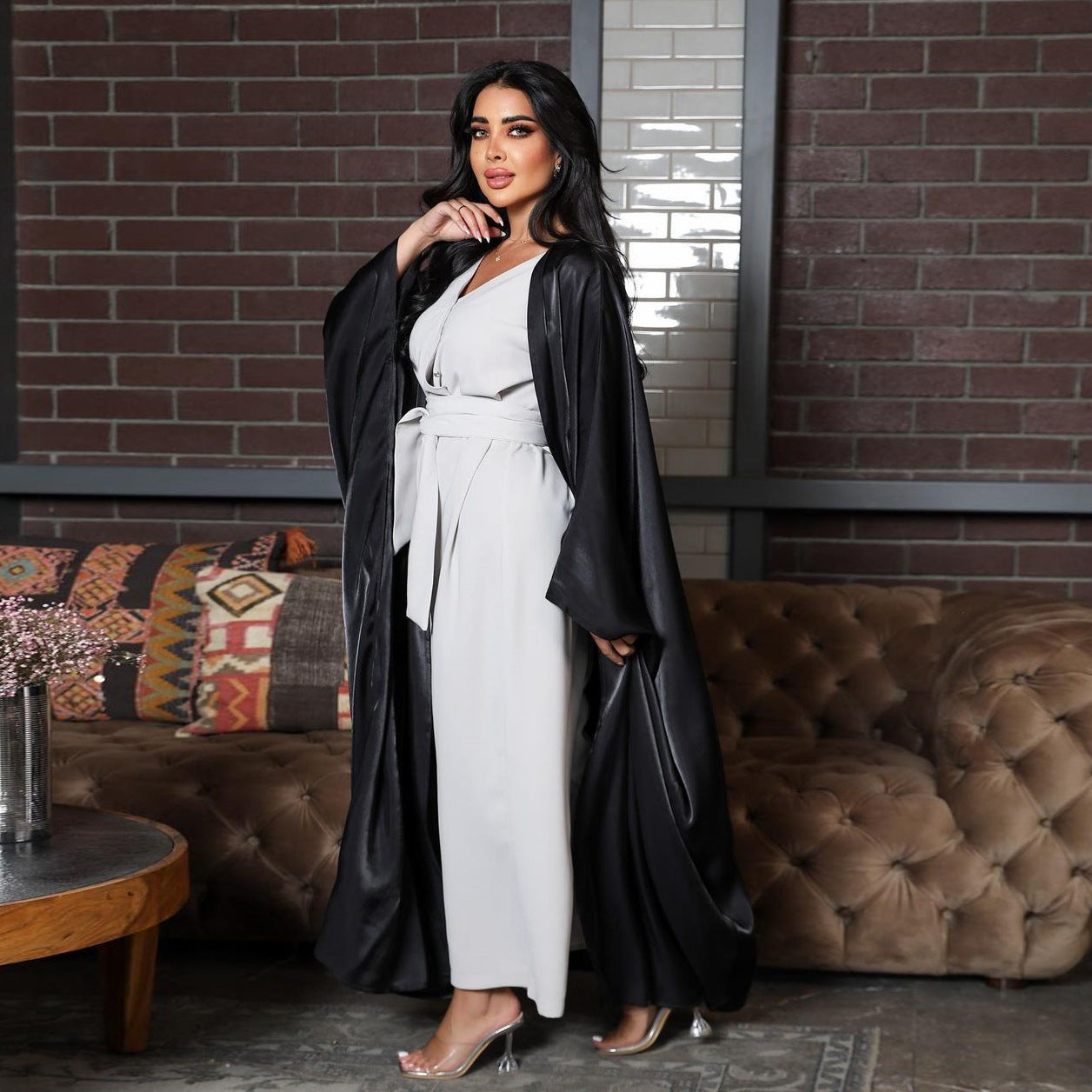 Bright Satin Solid Color Bat Sleeves Open Abaya