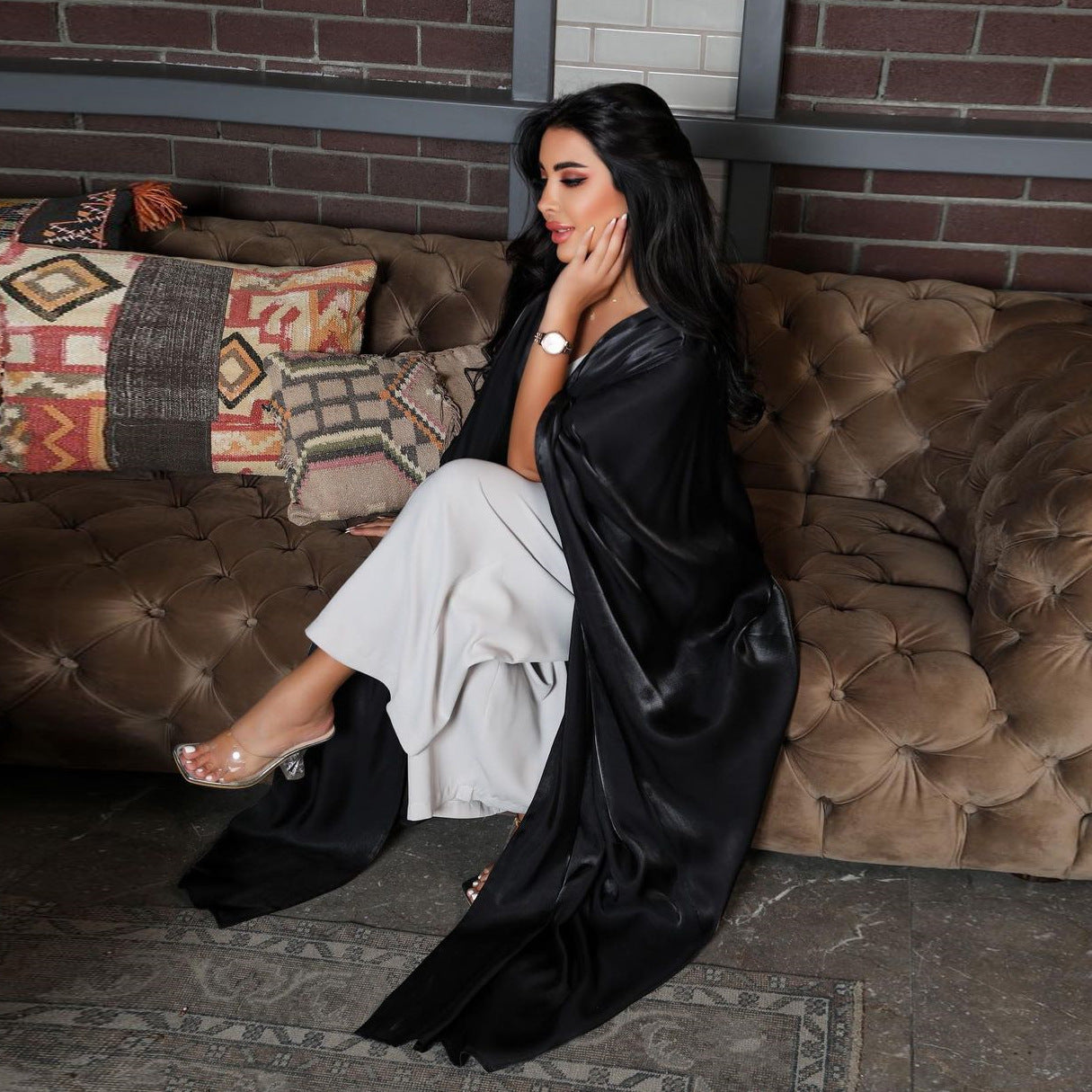 Bright Satin Solid Color Bat Sleeves Open Abaya