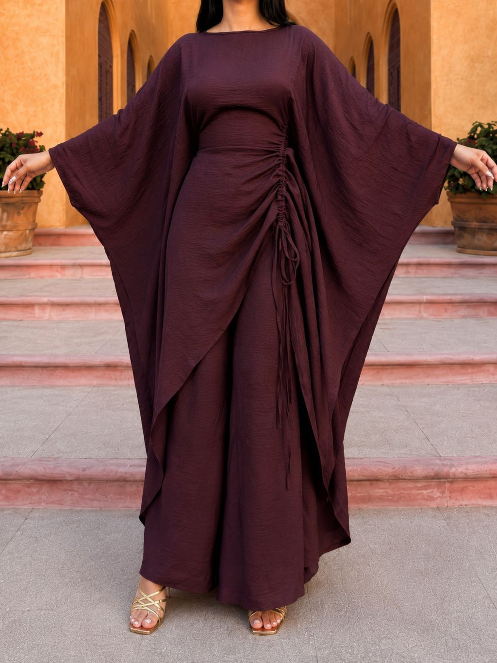 Batwing Sleeve Ruched Kaftan Dress