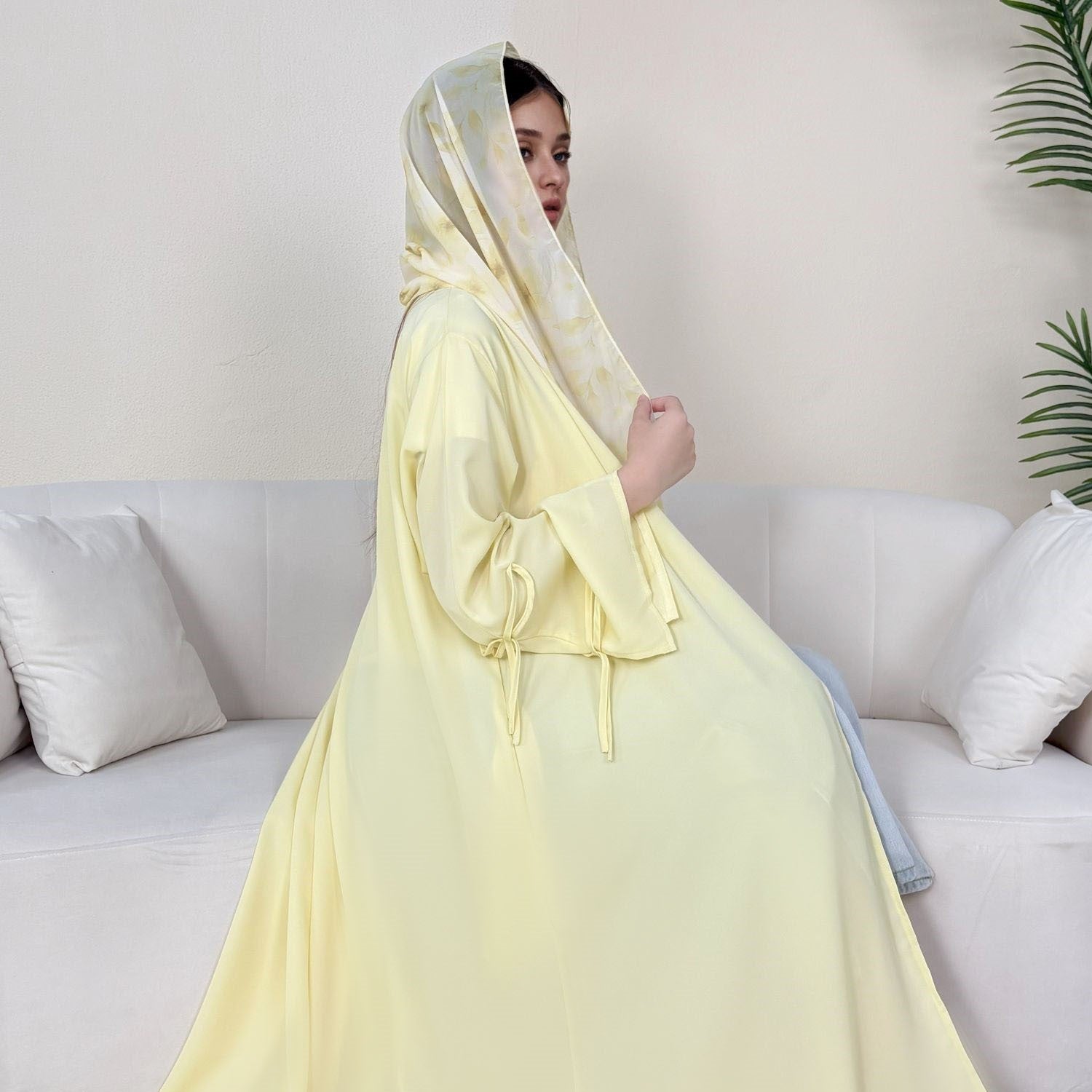 Solid Color Bow-Cuff Abaya with Hijab