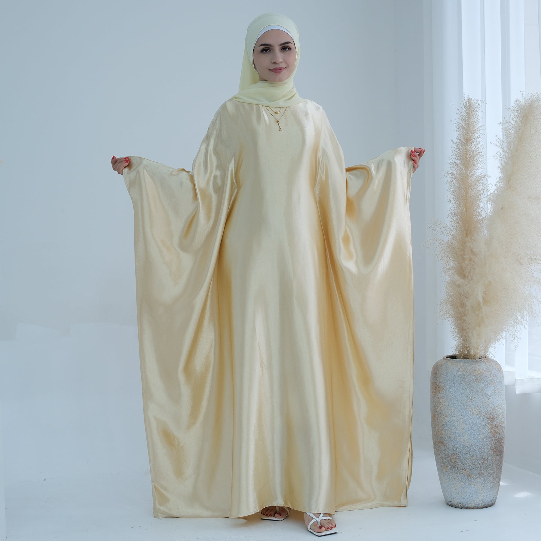 Bright Lemon Yellow Butterfly Abaya with Hijab