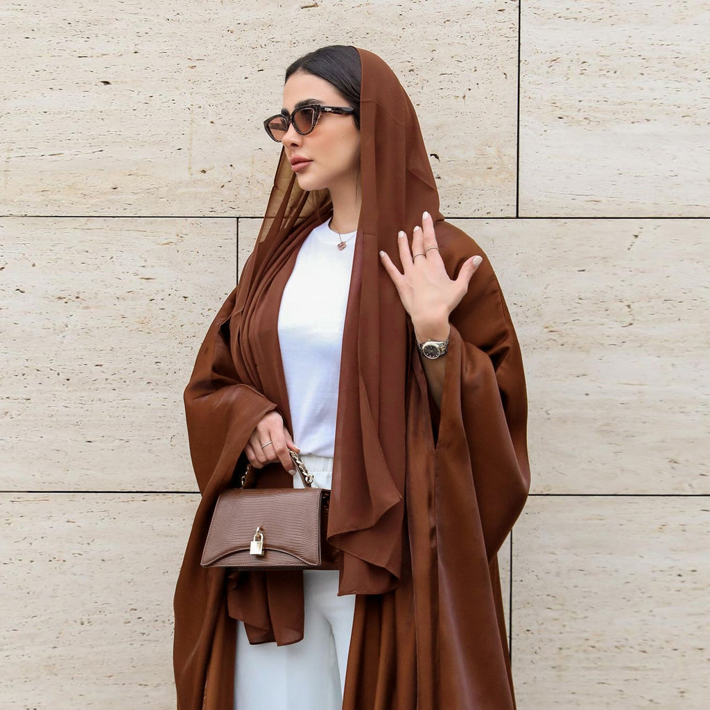 Bright Satin Solid Color Bat Sleeves Open Abaya