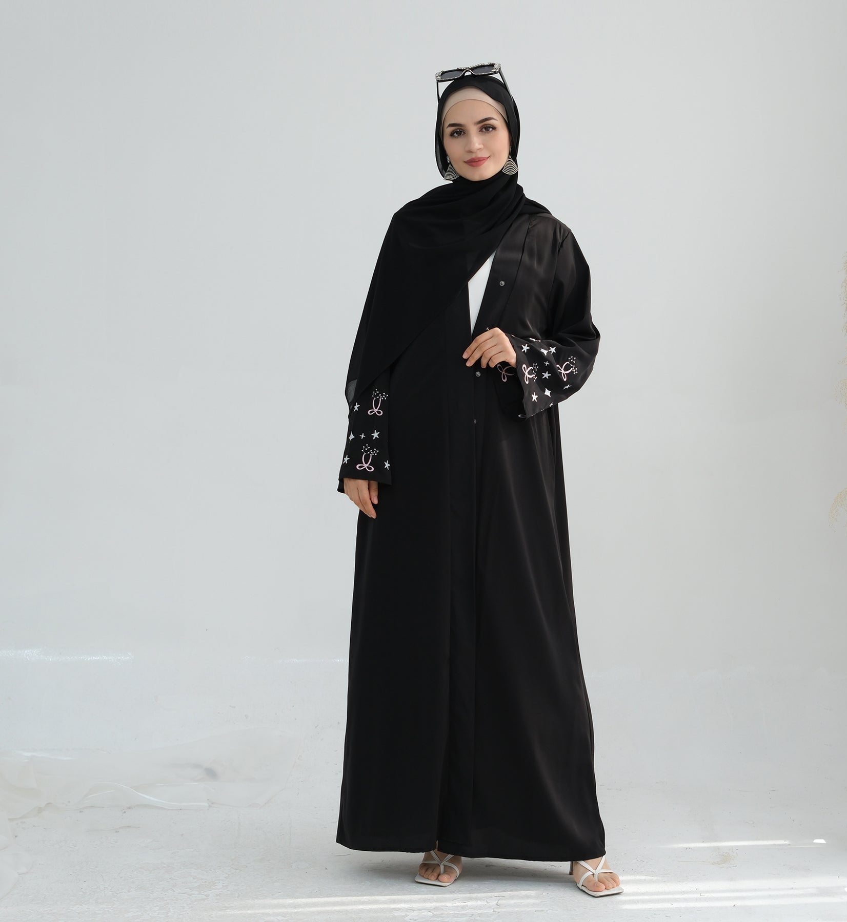 Bow Embroidery Kimono Open Abaya with Hijab