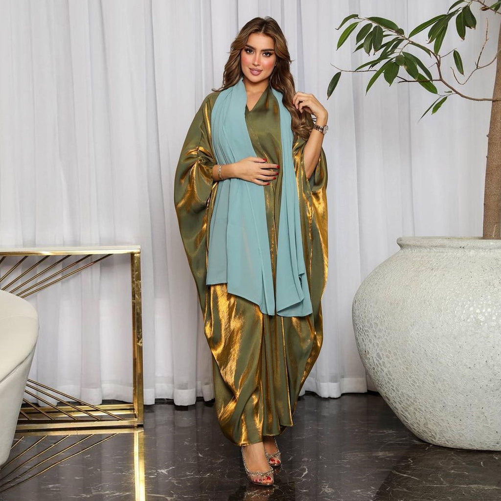 Bright Satin Solid Color Bat Sleeves Open Abaya