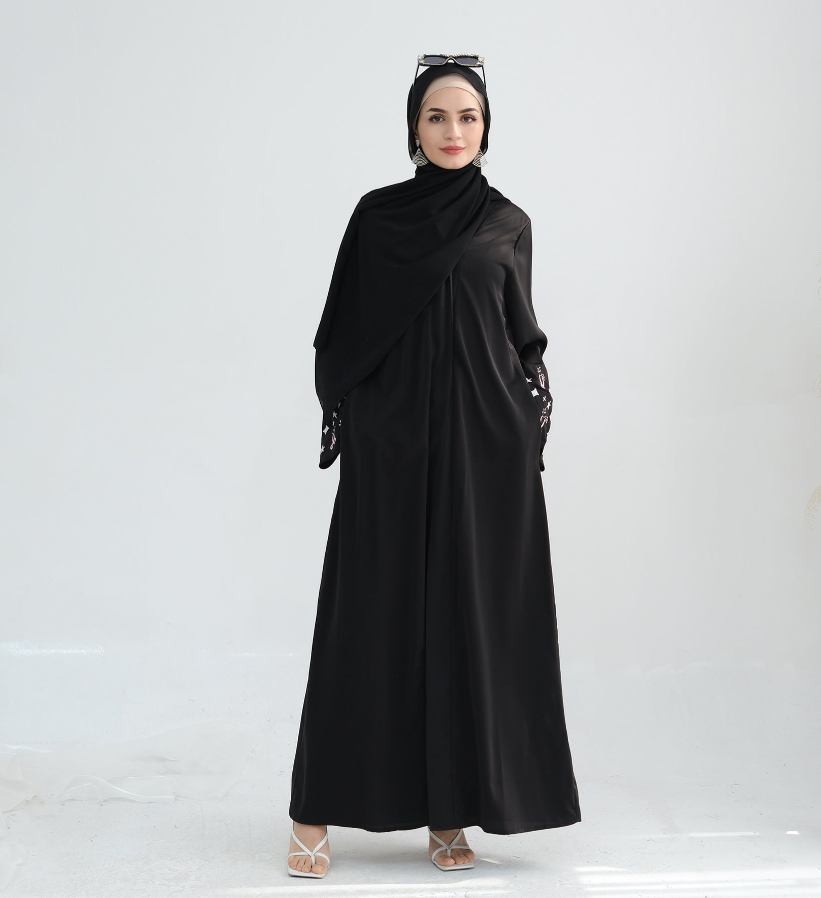Bow Embroidery Kimono Open Abaya with Hijab