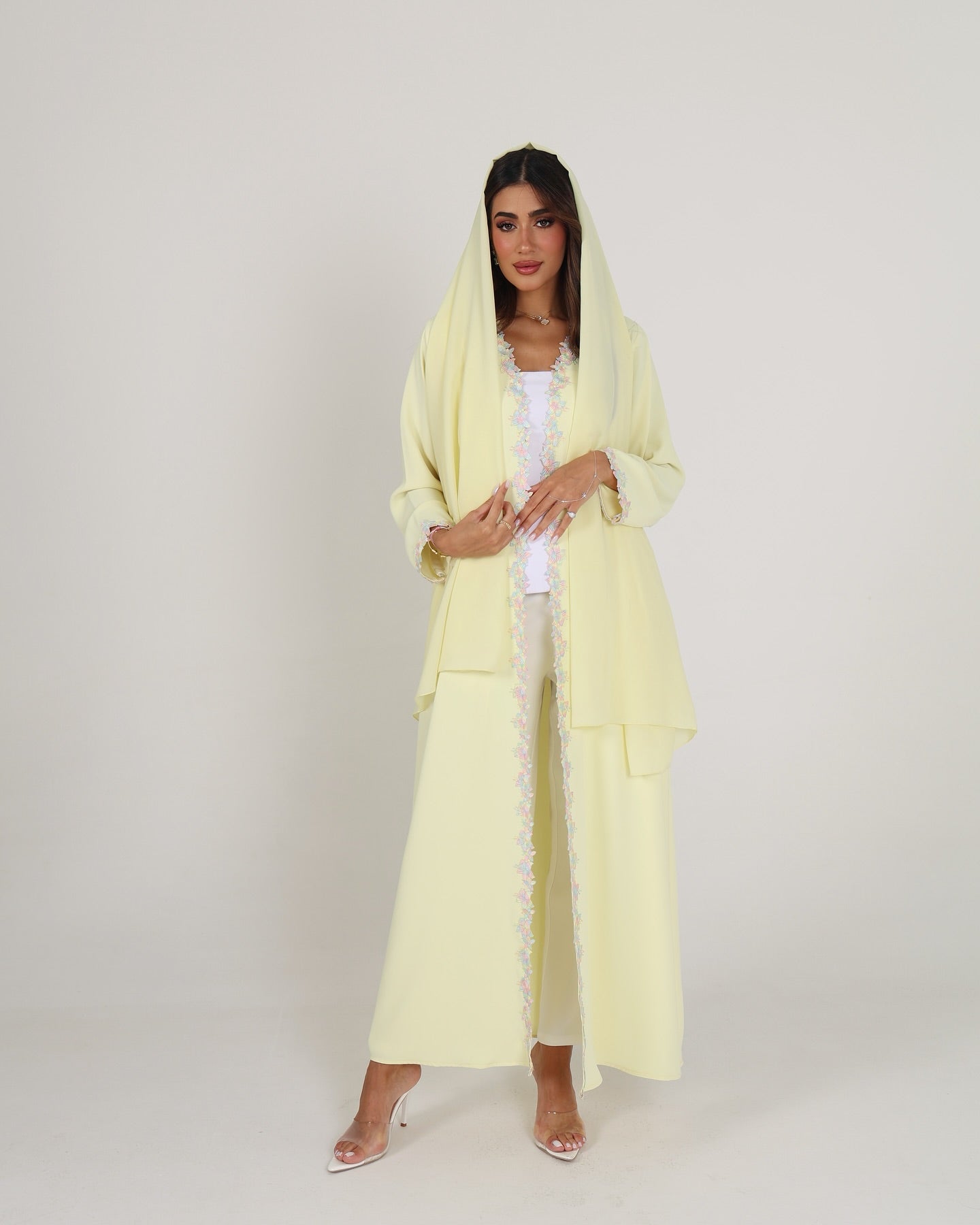 Pastel Bloom Embroidered Yellow Abaya with Hijab