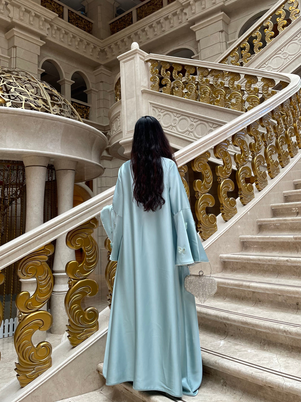 Elegant Butterfly Satin Open Abaya Dress