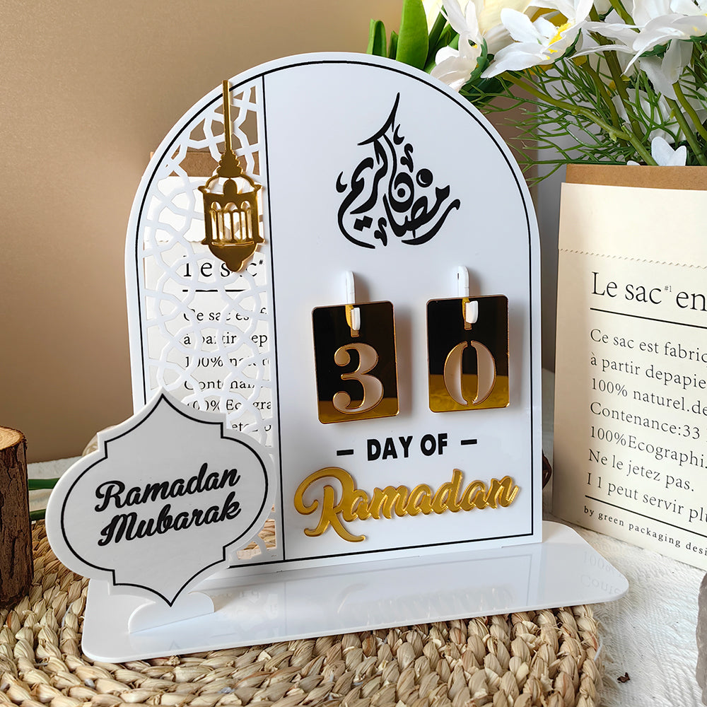 3D Golden Moon Ramadan Table Ornament White + Gold