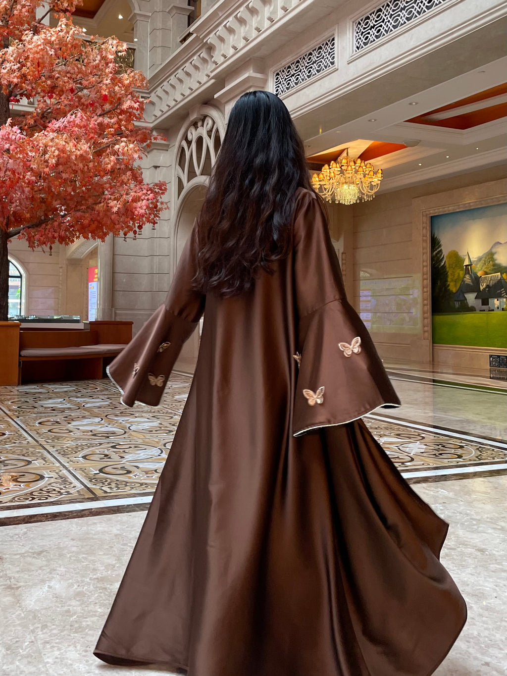 Elegant Butterfly Satin Open Abaya Dress