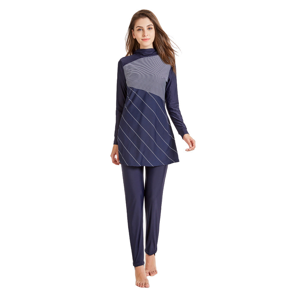 Blue and White Stripe Long Sleeve Swimwear