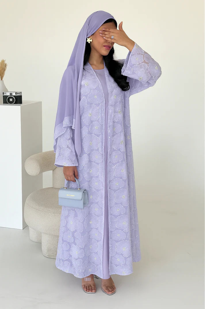 3D Flower Beaded Cardigan Abaya Set