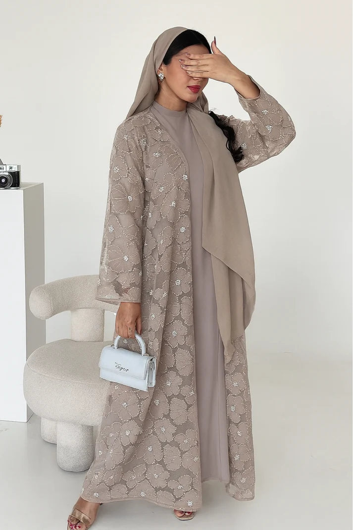 3D Flower Beaded Cardigan Abaya Set