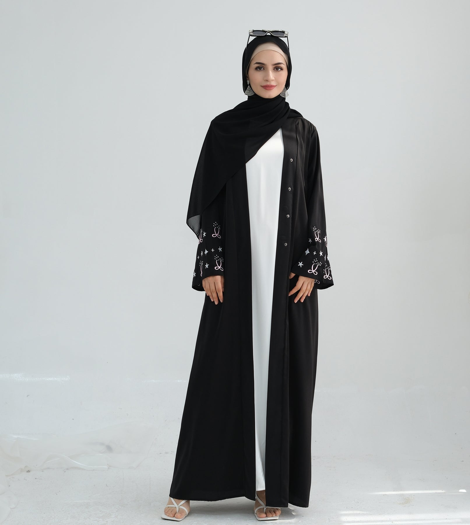 Bow Embroidery Kimono Open Abaya with Hijab
