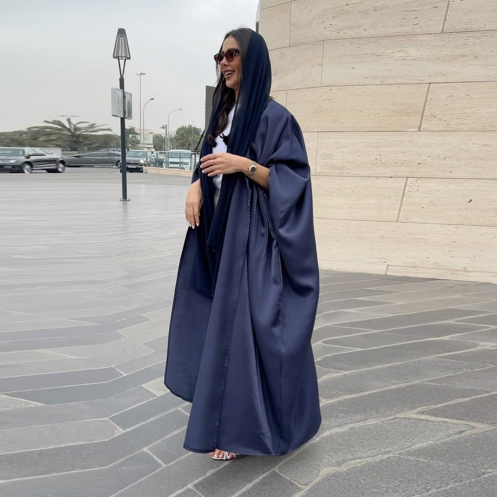 Bright Satin Solid Color Bat Sleeves Open Abaya