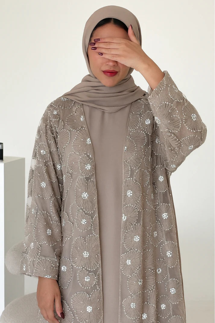 3D Flower Beaded Cardigan Abaya Set