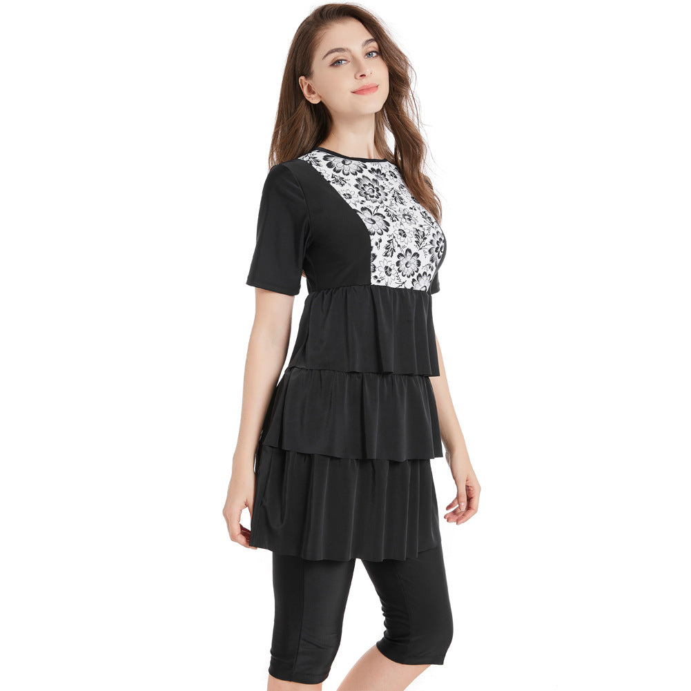 Black and White Printed Short Sleeve Swim Dress