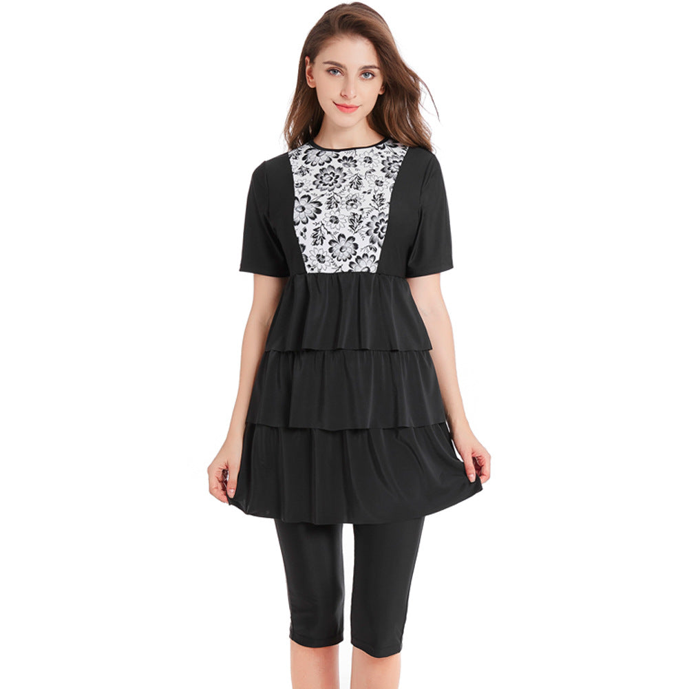 Black and White Printed Short Sleeve Swim Dress