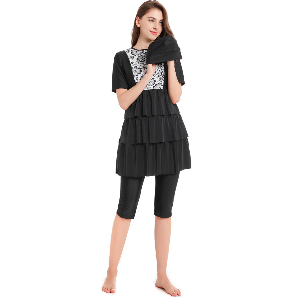 Black and White Printed Short Sleeve Swim Dress