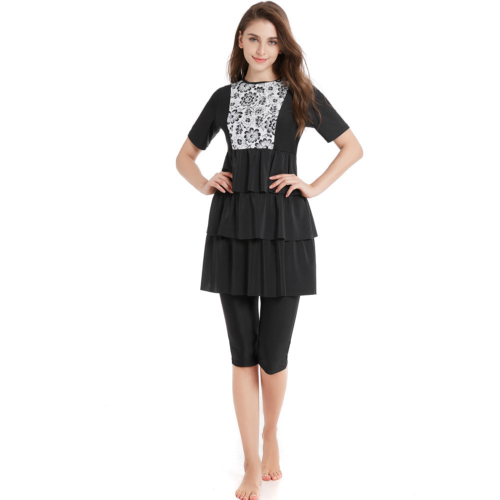 Black and White Printed Short Sleeve Swim Dress