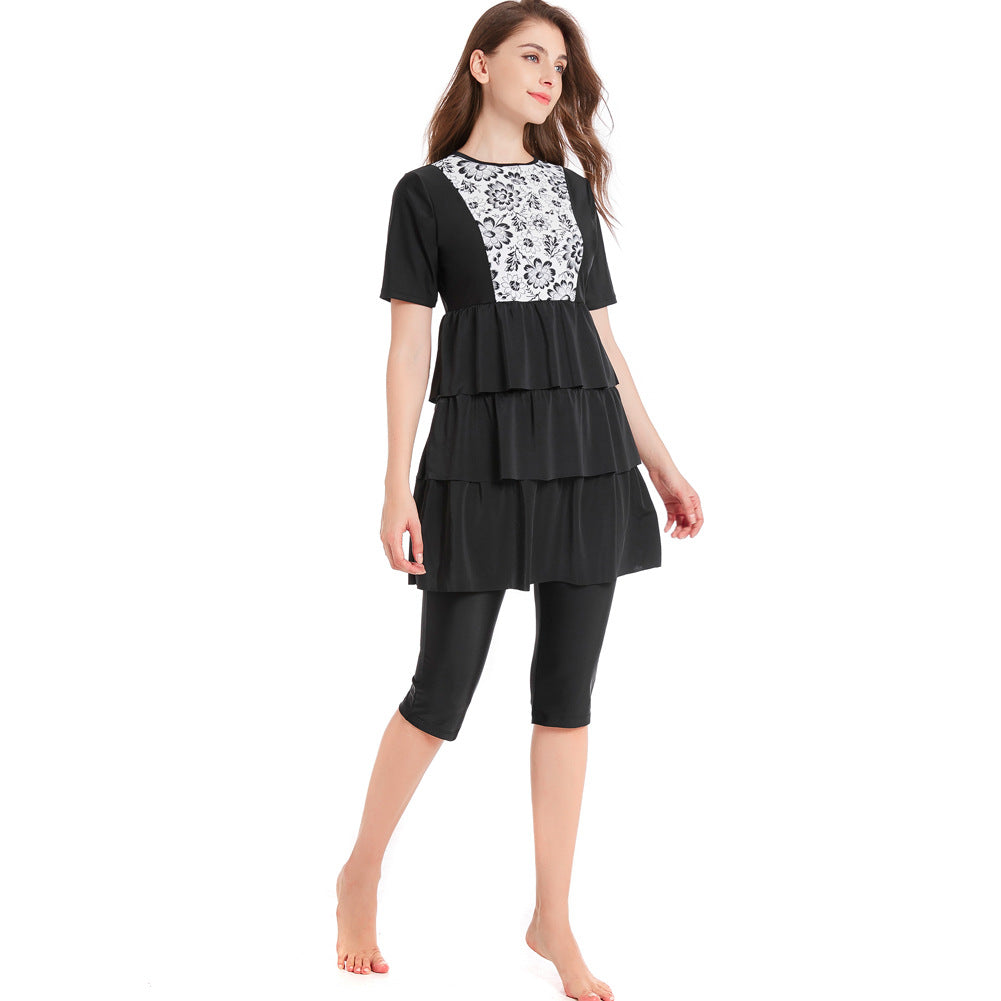 Black and White Printed Short Sleeve Swim Dress