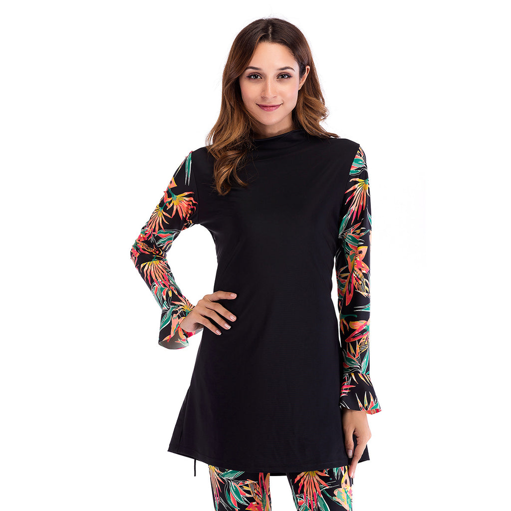 Stylish Tropical Print Modest Swimsuit Set