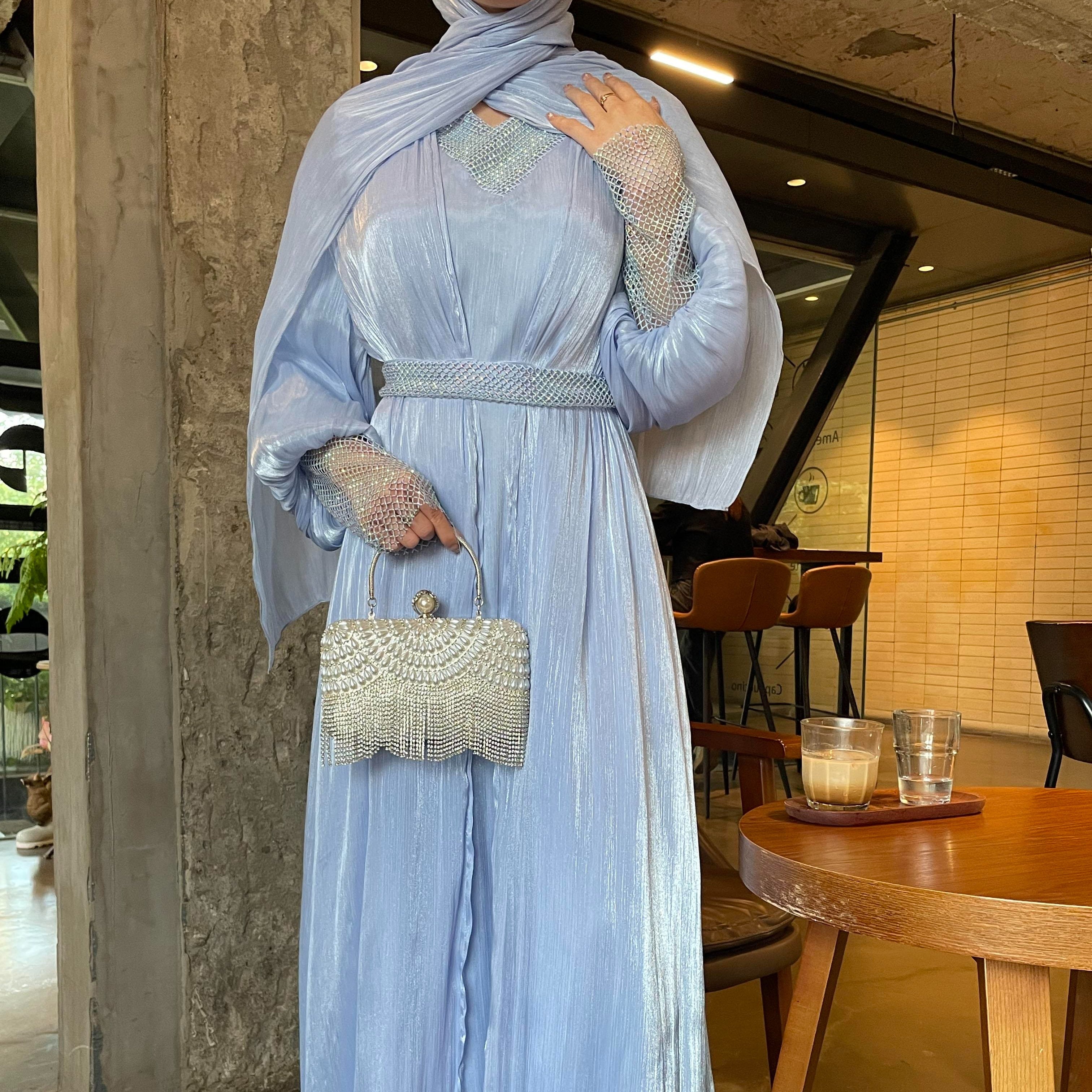 Mesh V-neck Chiffon Abaya Set