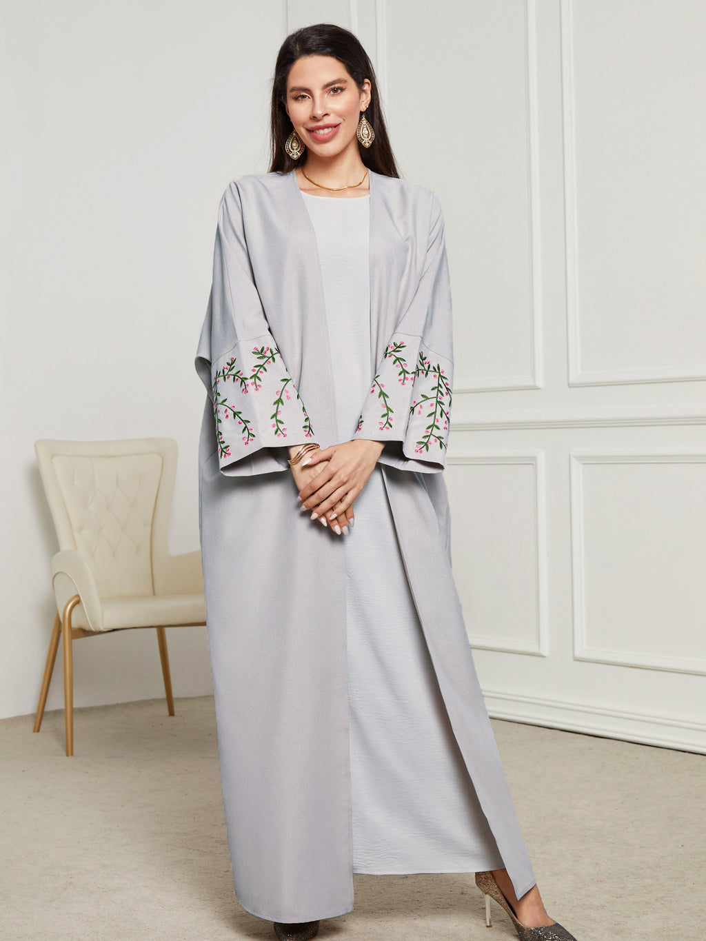 Embroidery Casual Open Kimono Abaya Moroccan