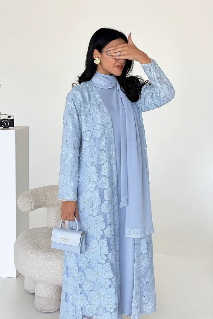 3D Flower Beaded Cardigan Abaya Set