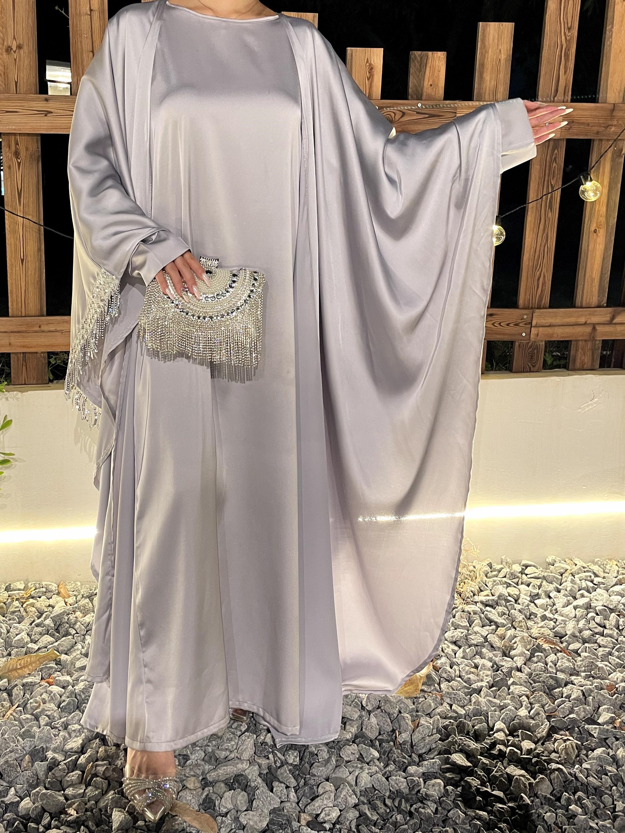 Butterfly Satin Abaya Set 2 Pieces With Inner Dress