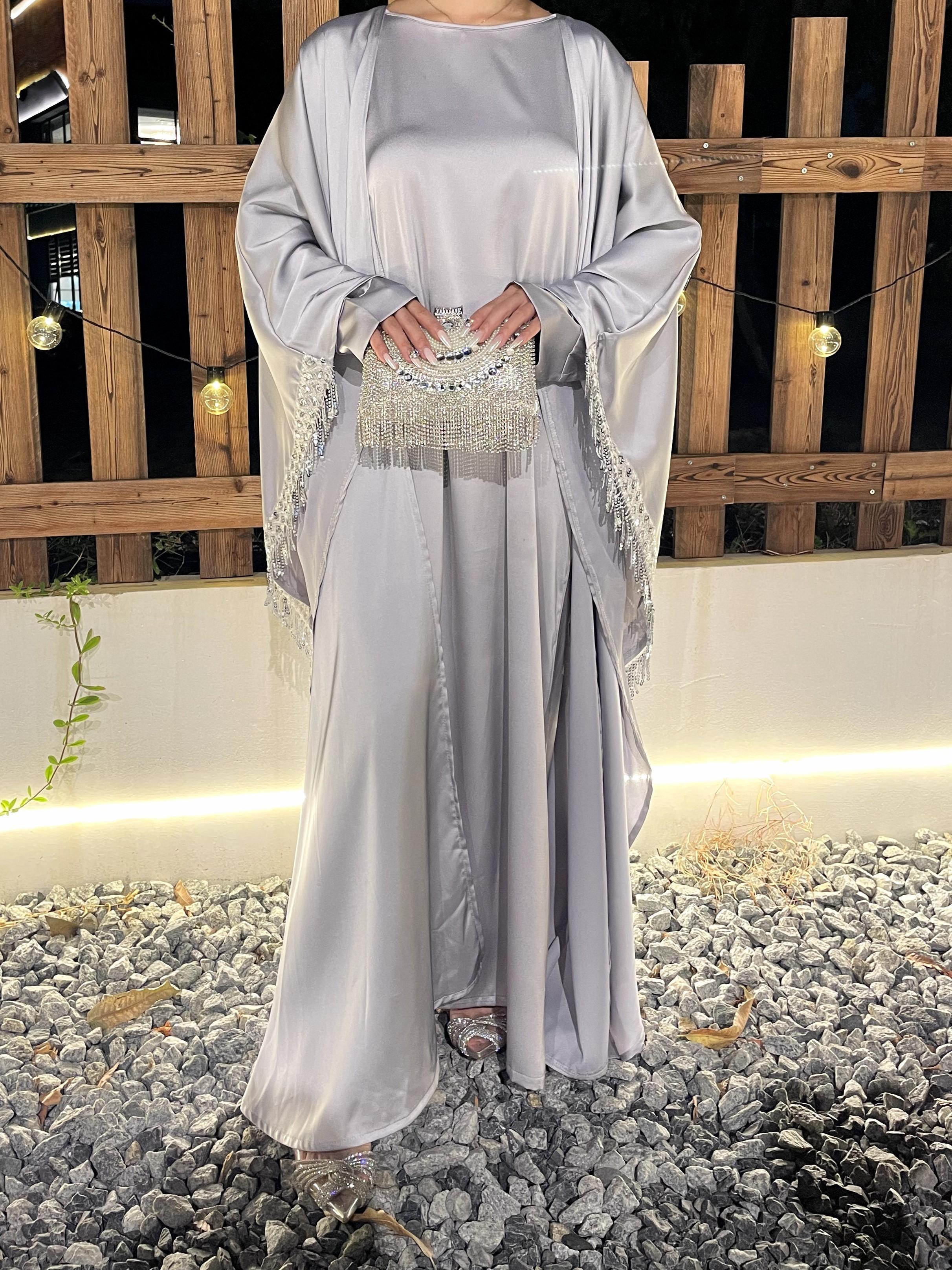 Butterfly Satin Abaya Set 2 Pieces With Inner Dress