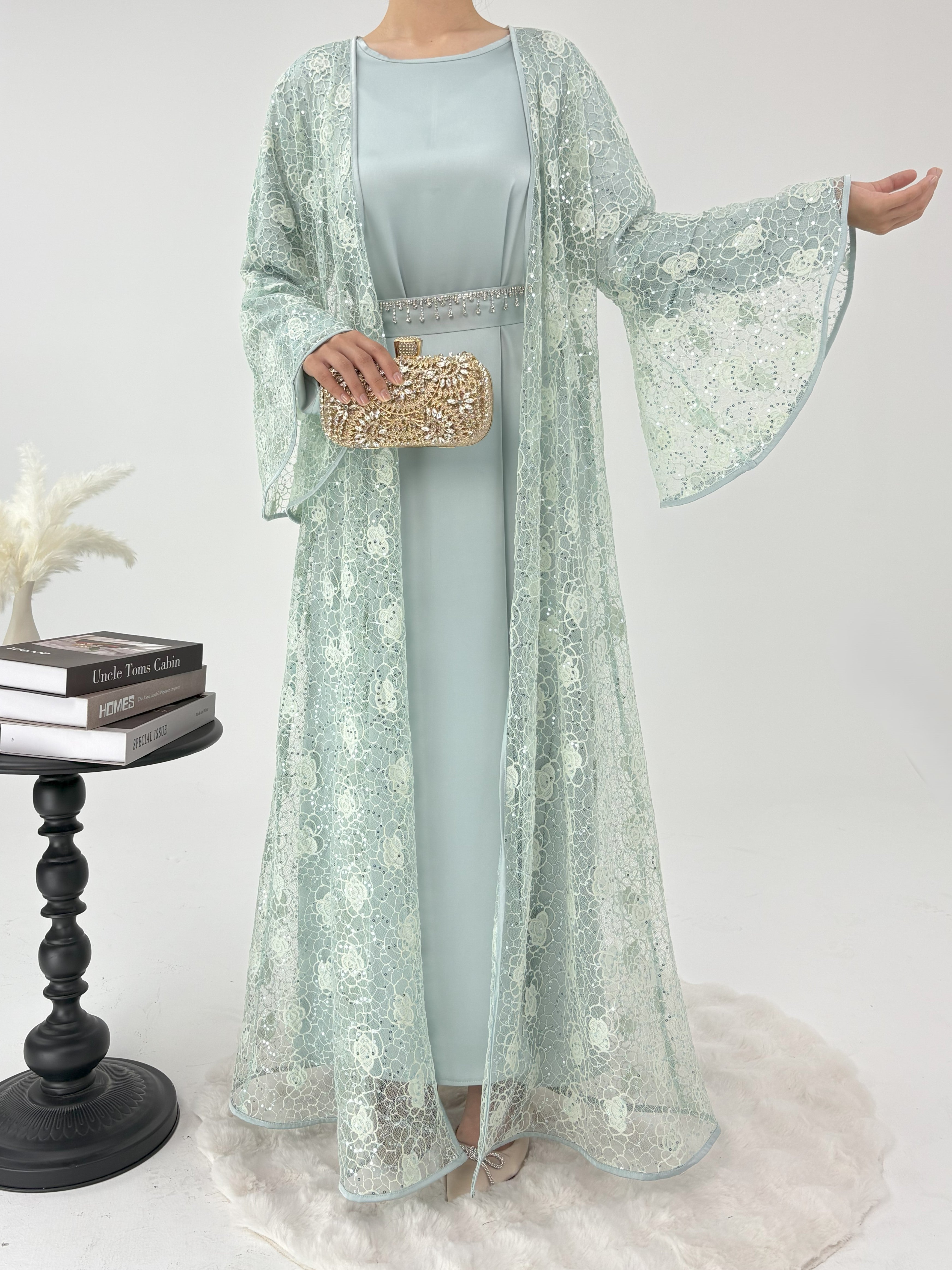 2 Pcs Rose Lace Loose Abaya