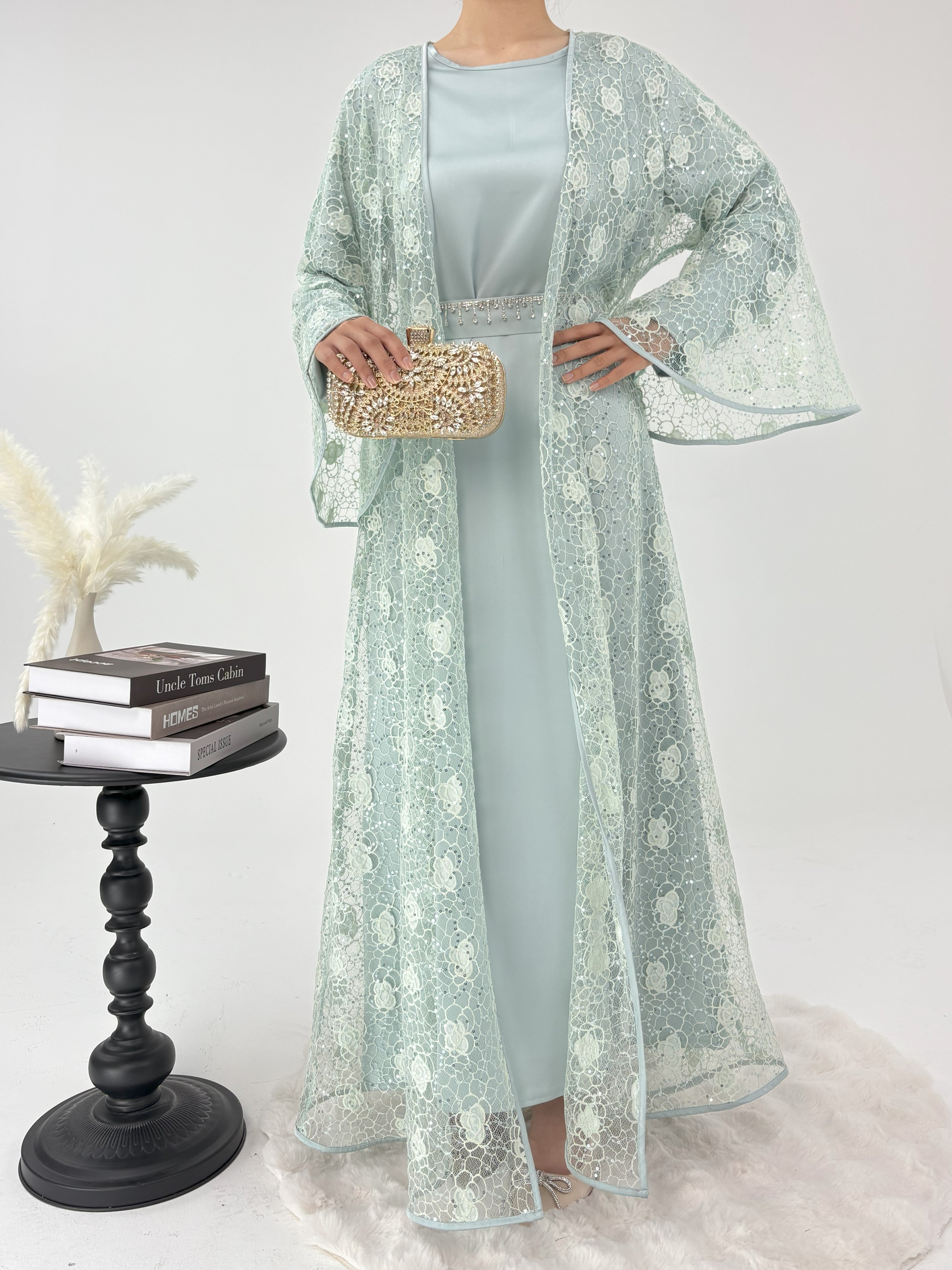 2 Pcs Rose Lace Loose Abaya Green / S 2 Pcs Rose Lace Loose Abaya Green / S