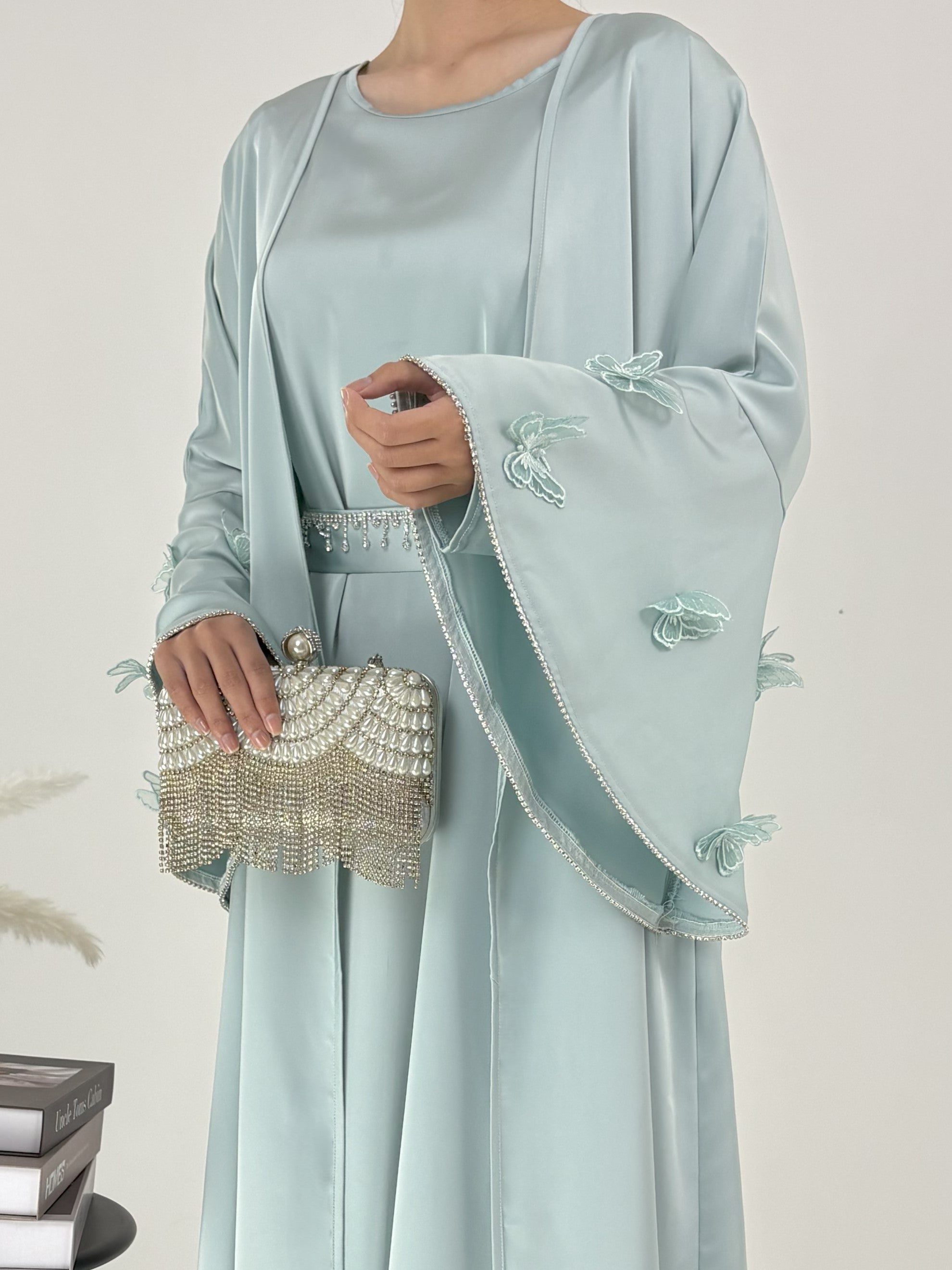 2 Pcs Butterfly Satin Abaya with Crystal Chain