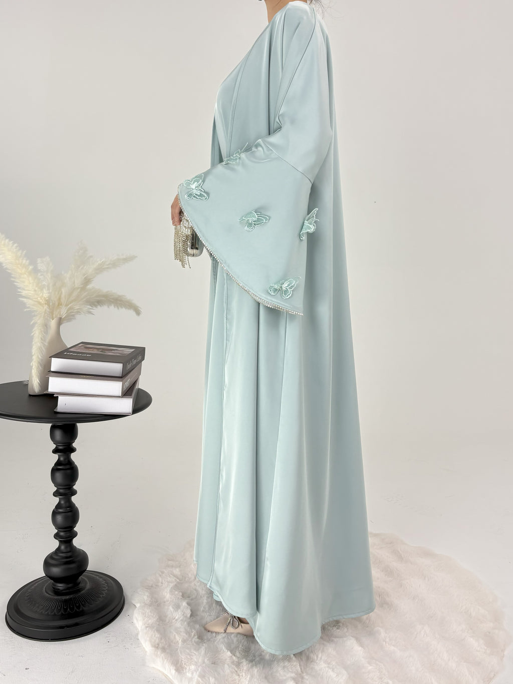 2 Pcs Butterfly Satin Abaya with Crystal Chain
